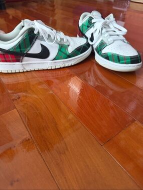 Nike White Sneakers with Green and Red Plaid